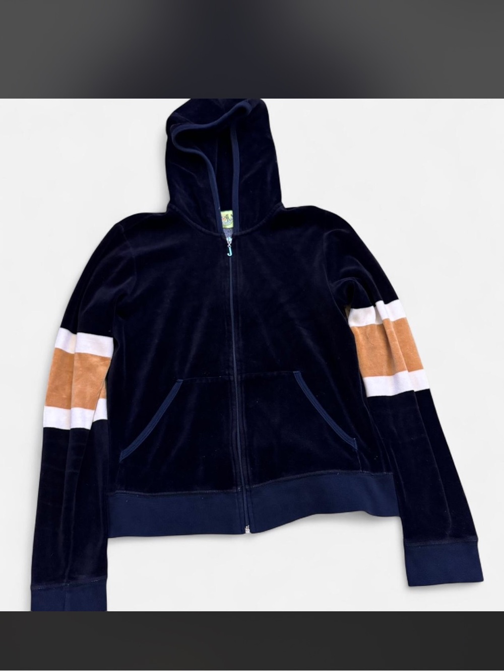 VINTAGE Juicy Couture Black Velour Zip Hoodie with Gold and White Stripes